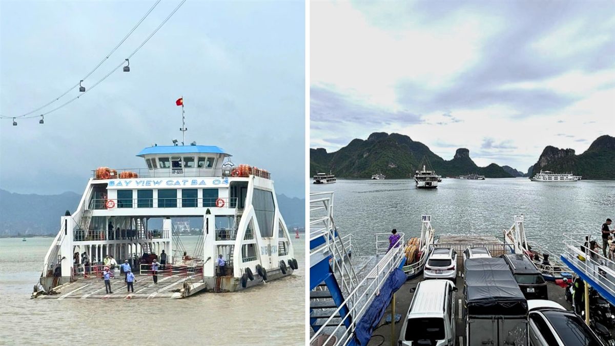 Scenic ferry crossing from Cat Ba Island with limestone backdrop