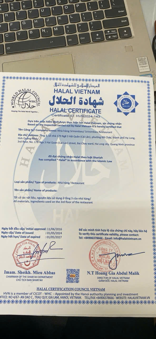 Halal Vietnam certificate HVN2024-143 for restaurant serving Indian food on Ninh Binh tours