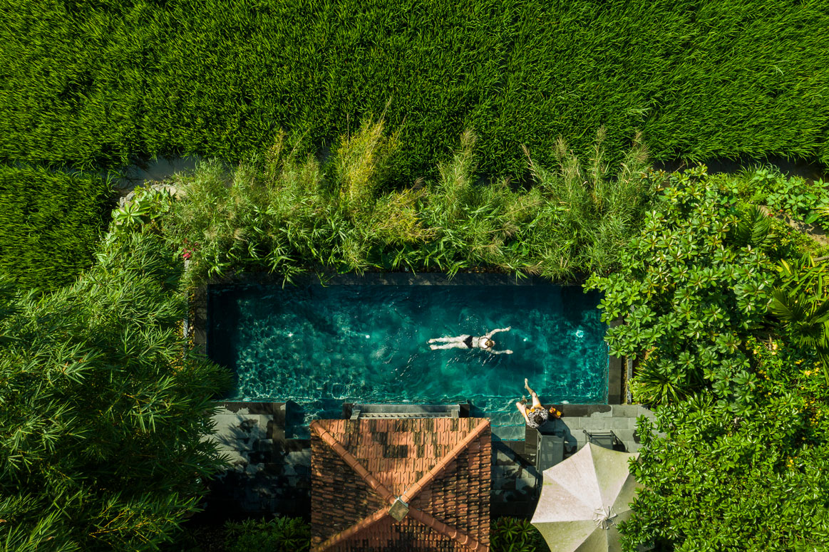Evening pool at luxury resort Tam Coc