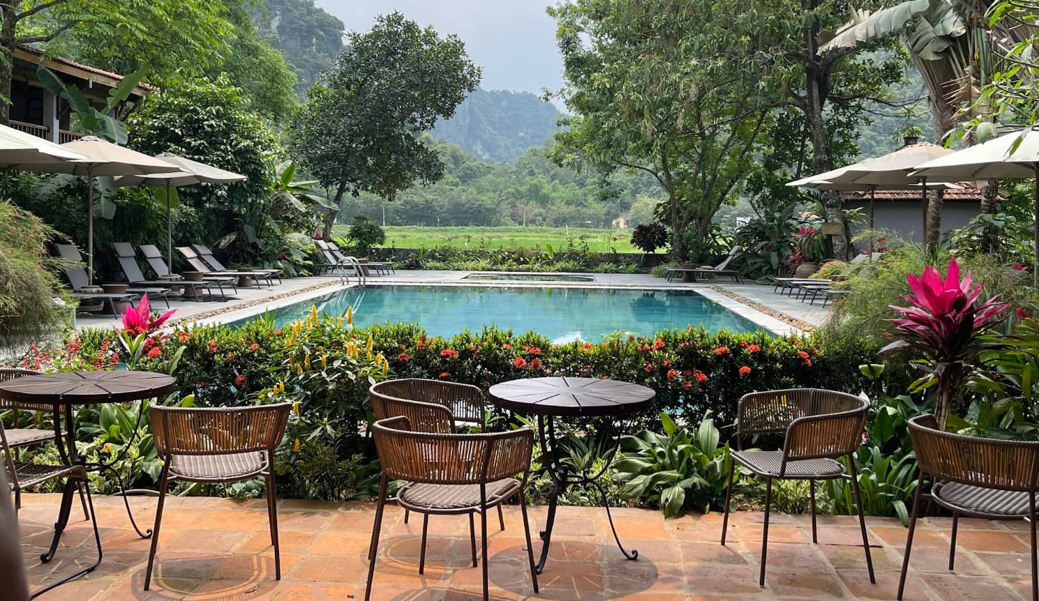 Tam Coc Garden Resort pool with karst view