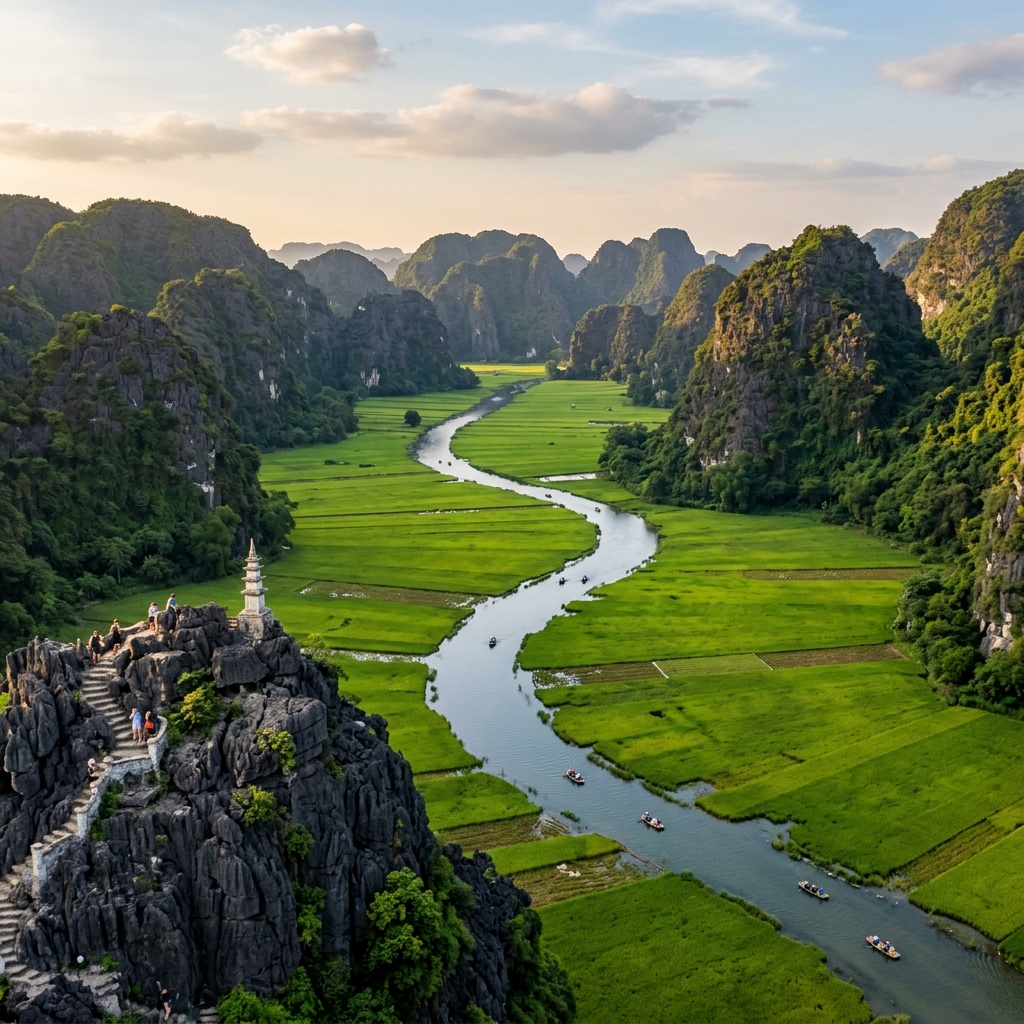 Accommodation Near Van Long Wetland, Ninh Binh: A Naturalist Guide (2026) Aerial view of the river winding through Van Long's karst mountains and rice paddies