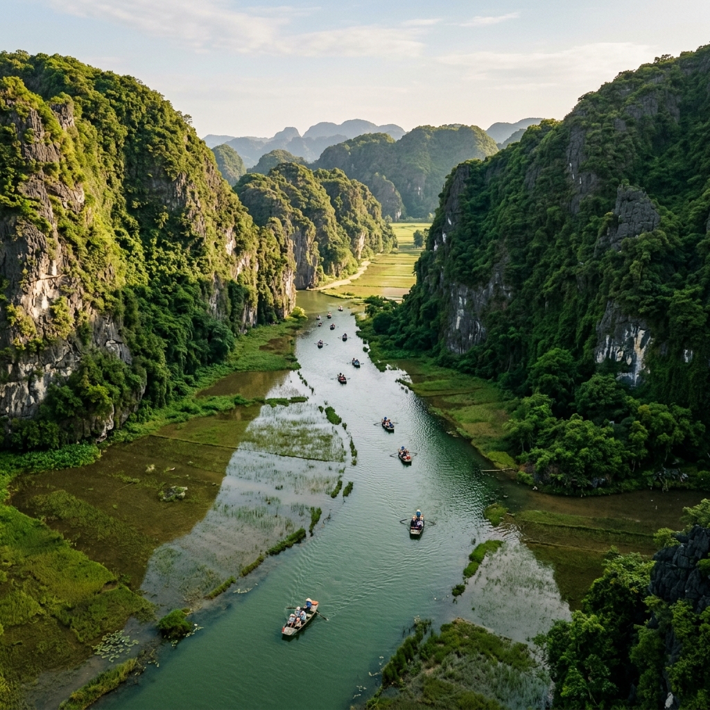 Accommodation Near Van Long Wetland, Ninh Binh: A Naturalist Guide (2026) Traditional boats navigating the karst river channels near Van Long wetland