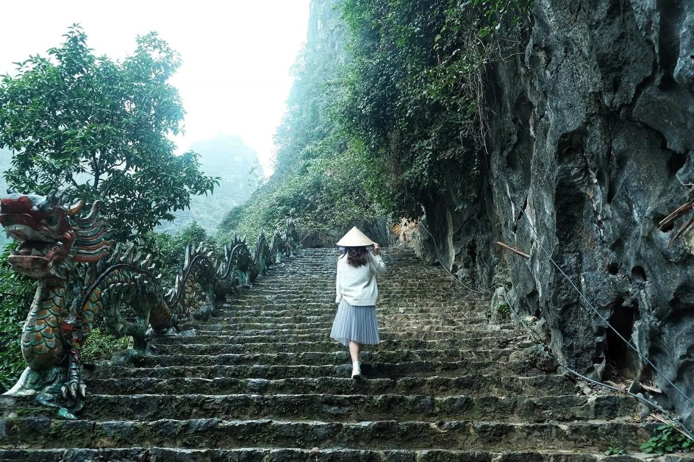 Climbing Mua Cave's 500 stone steps past dragon statues in Ninh Binh