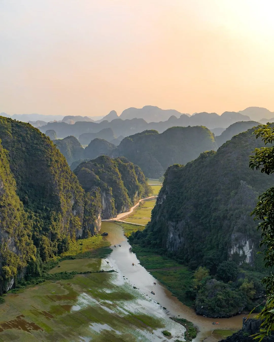 Aerial sunset view of Ninh Binh's limestone karst valley