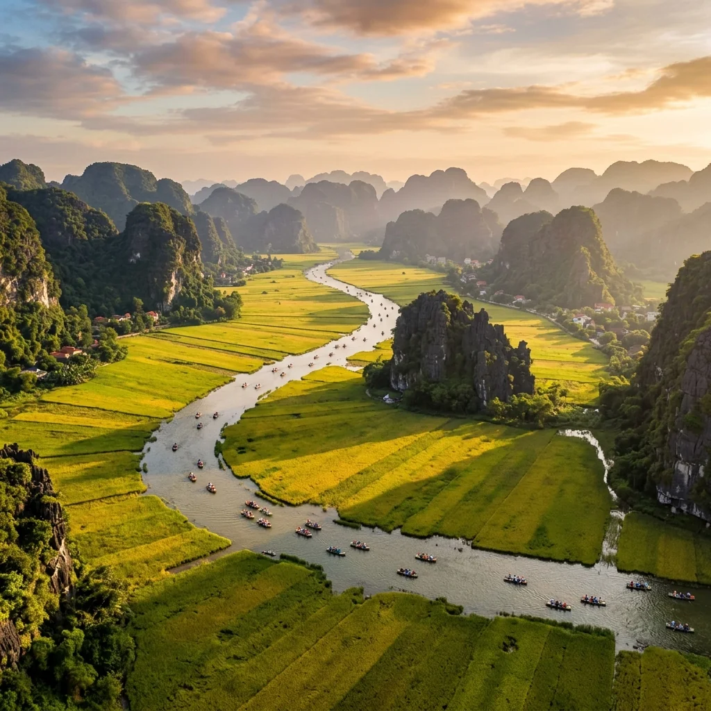 Aerial view of Ninh Binh's karst valley, rice fields, and tour boats on the river