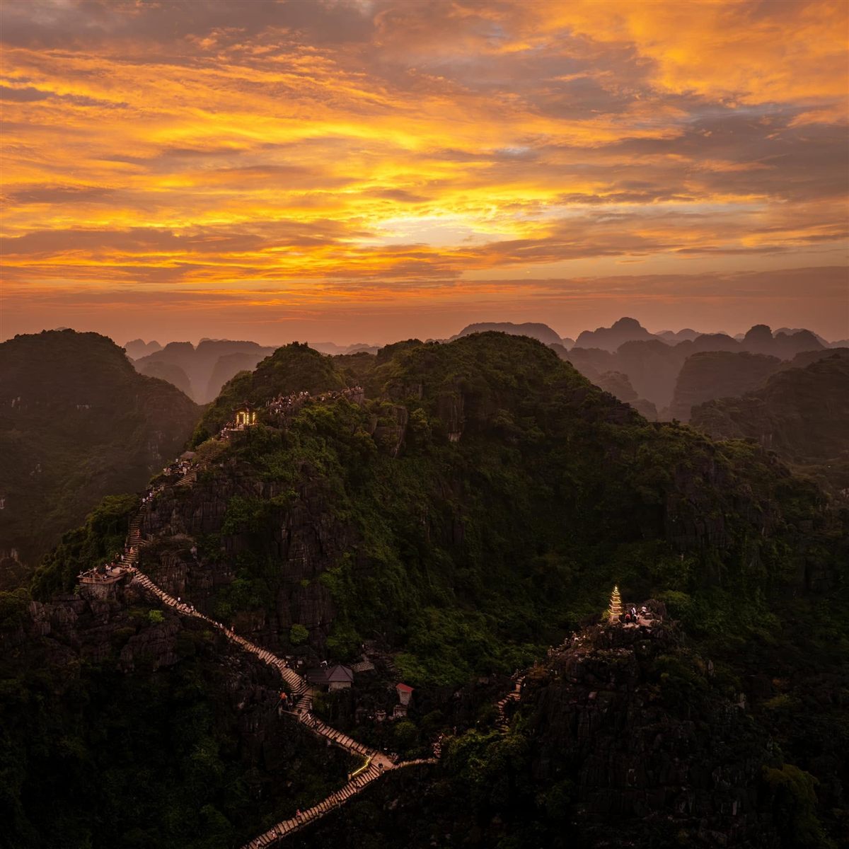 Sunset panorama from Hang Mua viewpoint over the karst peaks of Ninh Binh