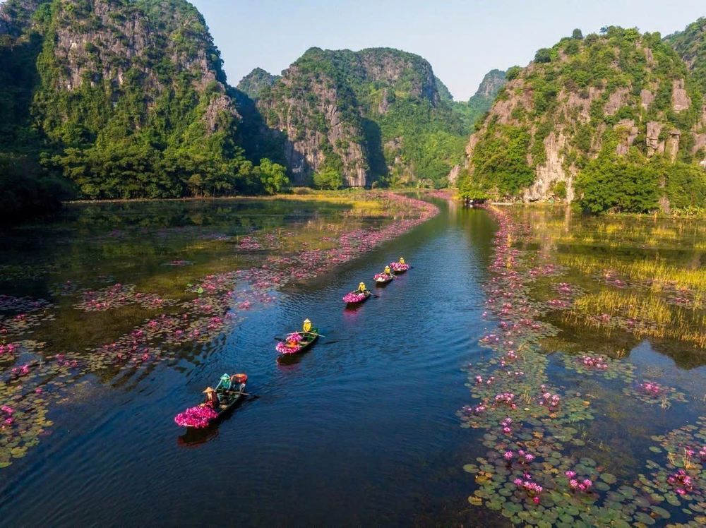 Calm, flat river water with small hand-rowed sampans on a Tam Coc boat tour in Ninh Binh